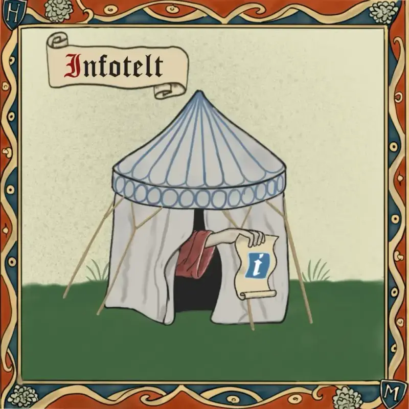 Middelalderinspirert tegning av et rundtelt hvor en arm stikker ut med et pergament med en I for info på.