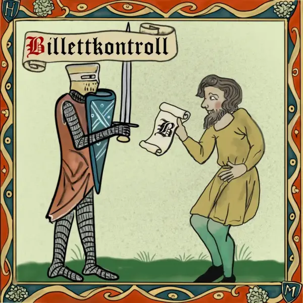 Middelalderinspirert tegning av ridder som sjekker et pergament. 