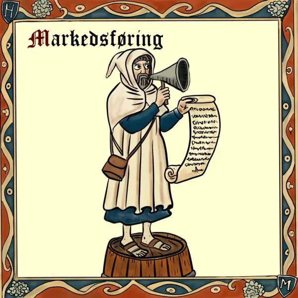 Middelalderinspirert tegning av mann med hette som står på en tønne med ropert og et langt pergament foran seg.