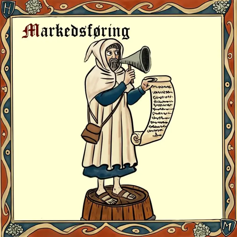 Middelalderinspirert tegning av mann med hette som står på en tønne med ropert og et langt pergament foran seg.