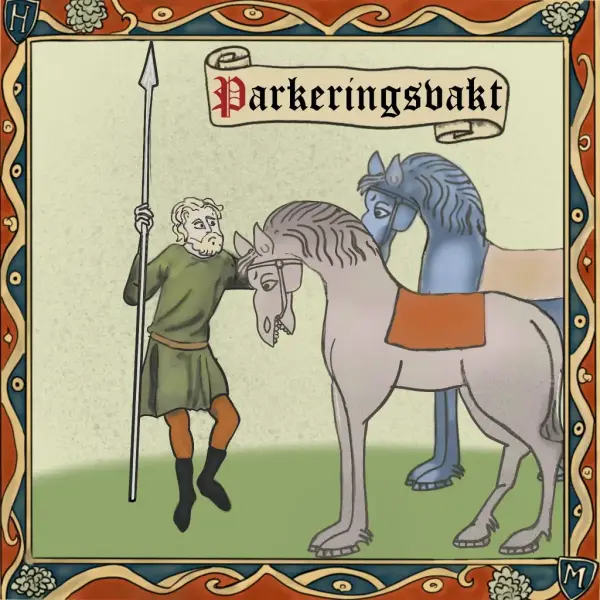 Middelalderinspirert tegning av en mann med spyd som står og passer to hester.