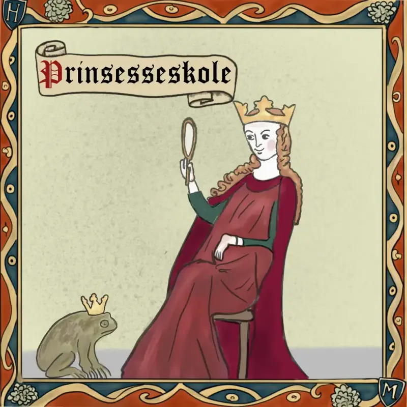 Middelalderinspirert tegning av en prinsesse i skarlagensrød kjole som sitter og ser i et speil med en padde med krone på hodet foran seg.