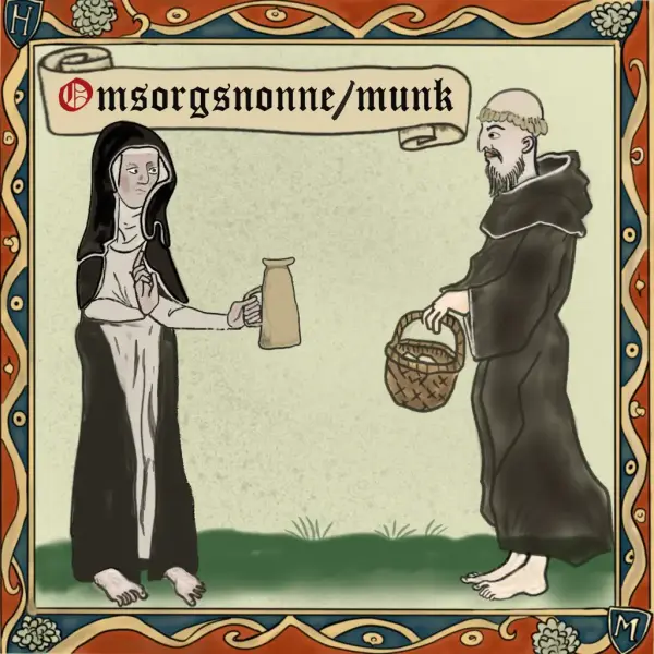 Middelalderinspirert tegning av nonne som holder fram en mugge og munk som holder en kurv.