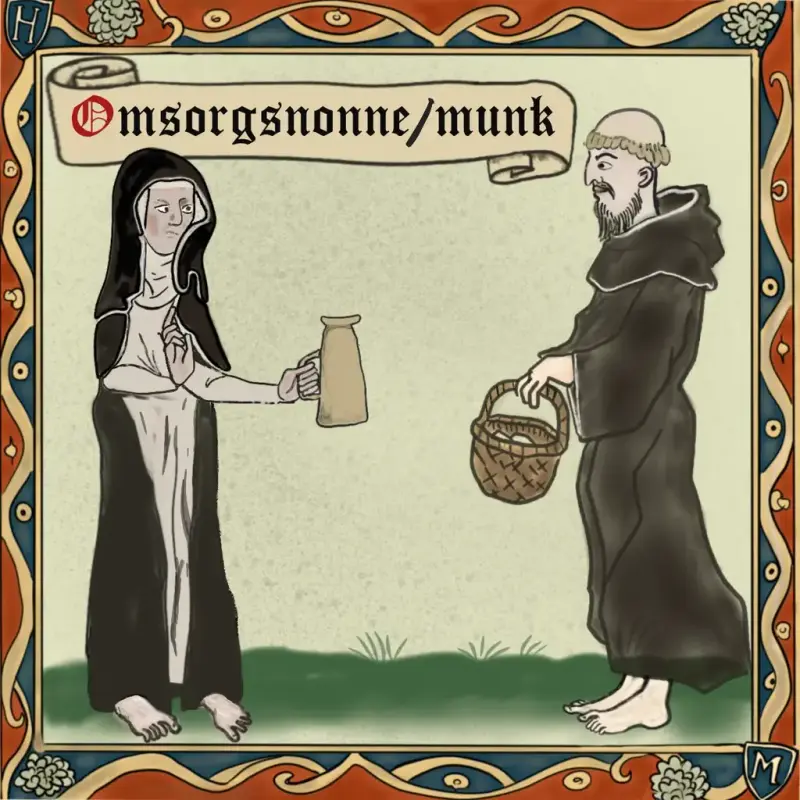 Middelalderinspirert tegning av nonne som holder fram en mugge og munk som holder en kurv.