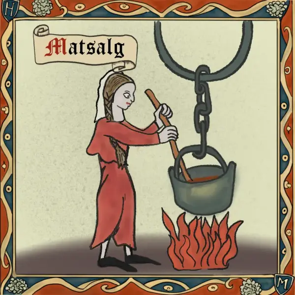 Middelalderinspirert tegning av kvinne med flette, som står og rører i en stor gryte som henger over ilden.