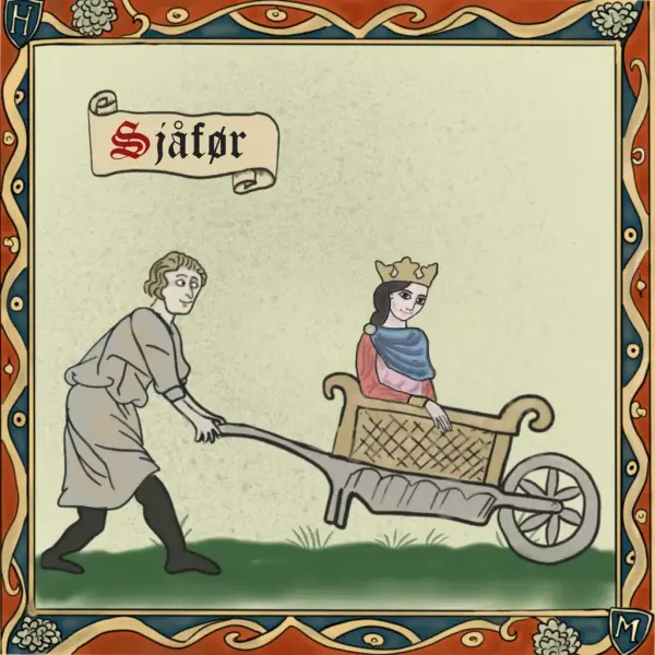 Middelalderinspirert tening av mann som skyver en slags trillebår med en prinsesse i en kurv oppi.