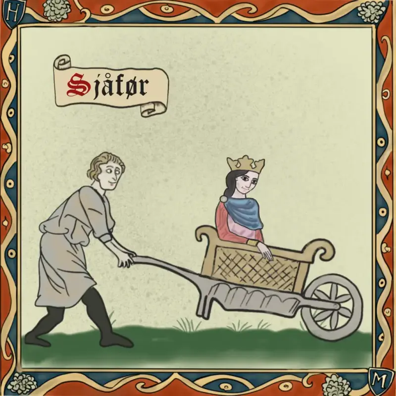 Middelalderinspirert tening av mann som skyver en slags trillebår med en prinsesse i en kurv oppi.