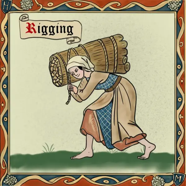 Middelalderinspirert tegning av kvinne med hodeplagg som går framoverbøyd med en tung stokk over skulderen.