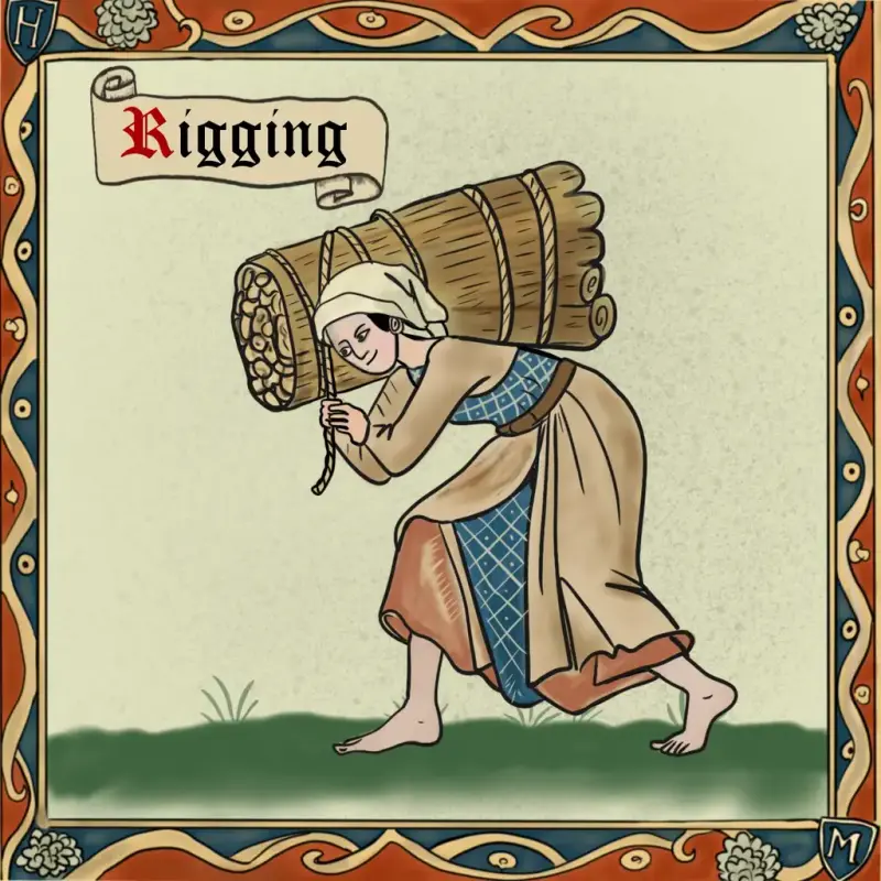 Middelalderinspirert tegning av kvinne med hodeplagg som går framoverbøyd med en tung stokk over skulderen.