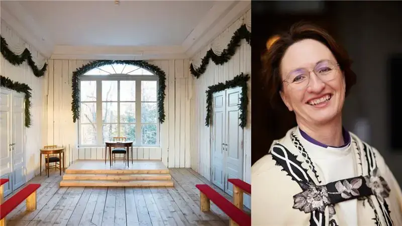 Collage med et bilde fra rikkssalen i Eidsvollsbygningen og et portrett av en smilende biskop Kari Mangrud i bispedrakt.