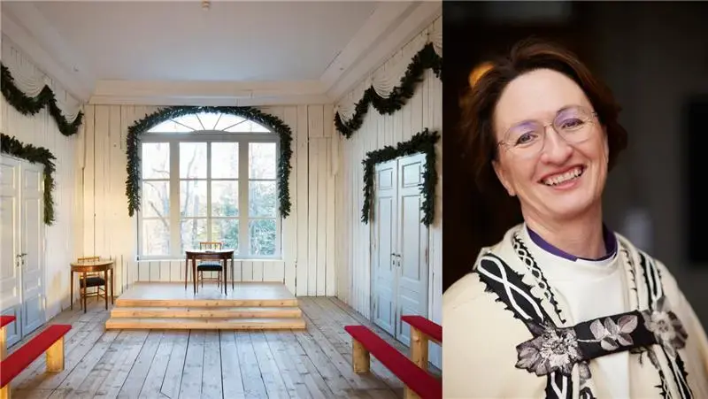 Collage med et bilde fra rikkssalen i Eidsvollsbygningen og et portrett av en smilende biskop Kari Mangrud i bispedrakt.