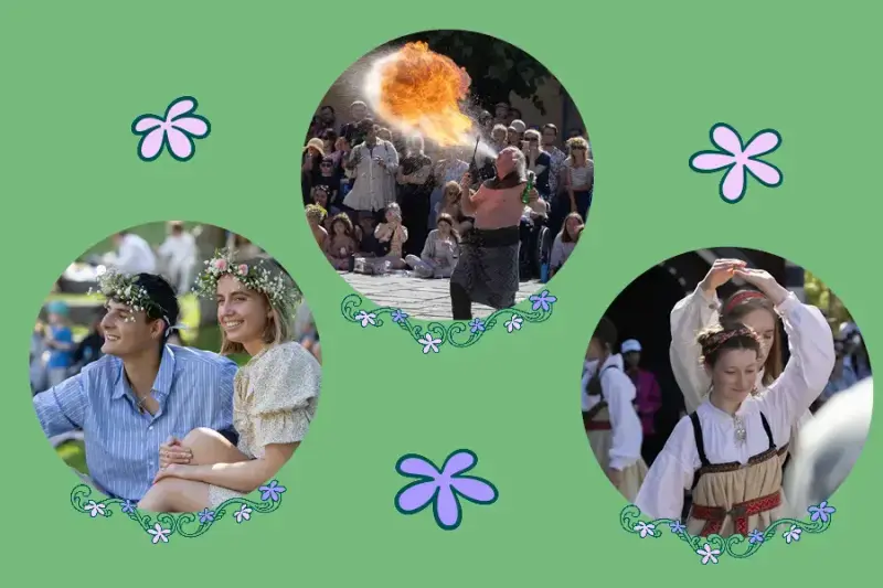 Collage med blomsterkrans-pyntede gjester, flammesluker og folkedans under Sankthansfestivalen på Norsk Folkemuseum.