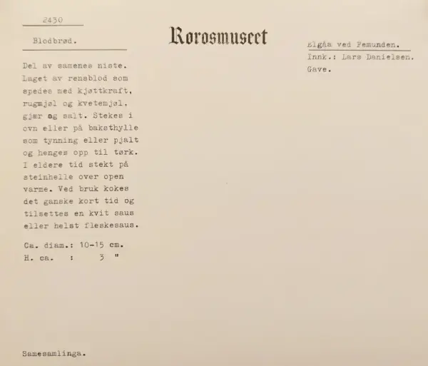 Gammelt ark med oppskrift på blodbrød, skrevet på skrivemaskin