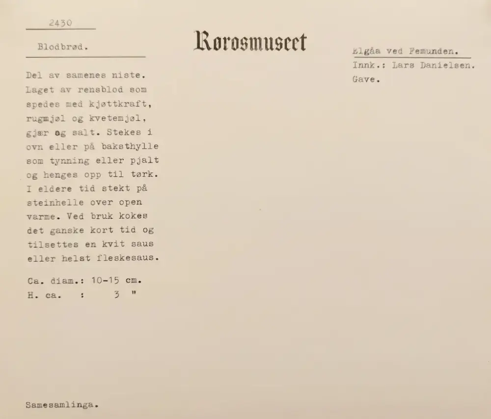 Gammelt ark med oppskrift på blodbrød, skrevet på skrivemaskin