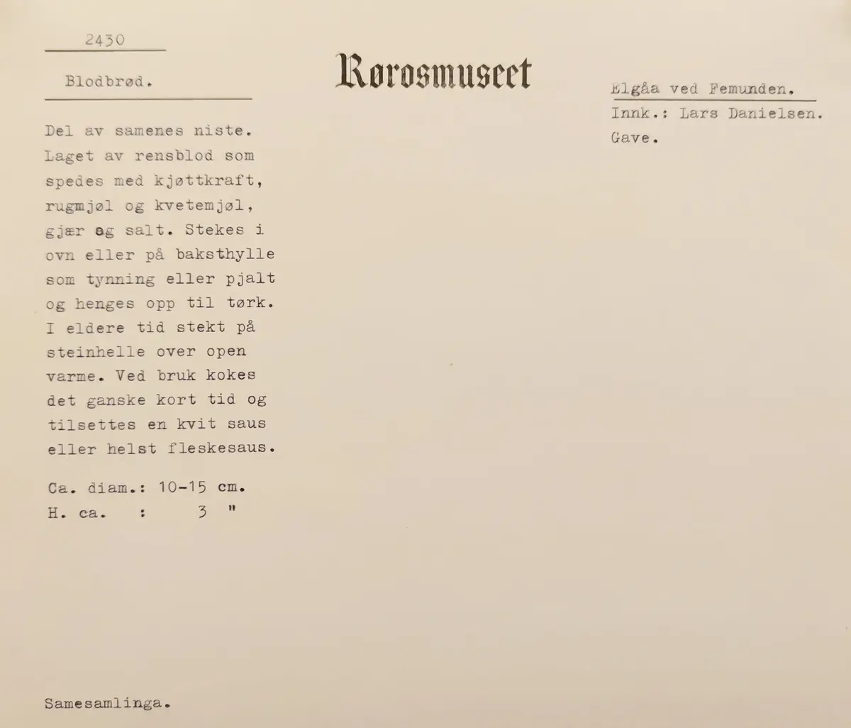 Gammelt ark med oppskrift på blodbrød, skrevet på skrivemaskin