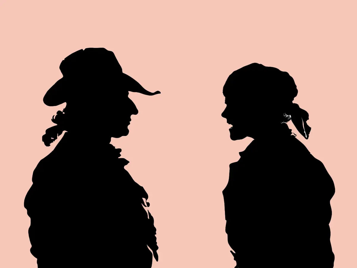 siluetter i svart av två personer står vända mot varandra