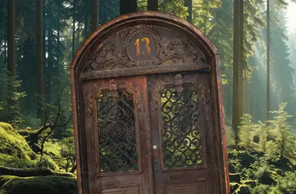 dörr med skog som bakgrund