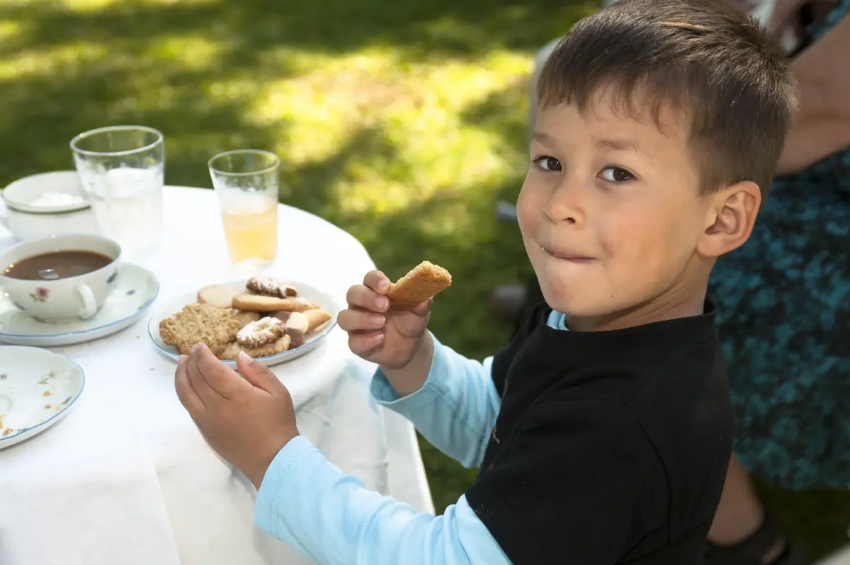 Pojke sitter vid ett bord i sommargrönskan och äter kakor.