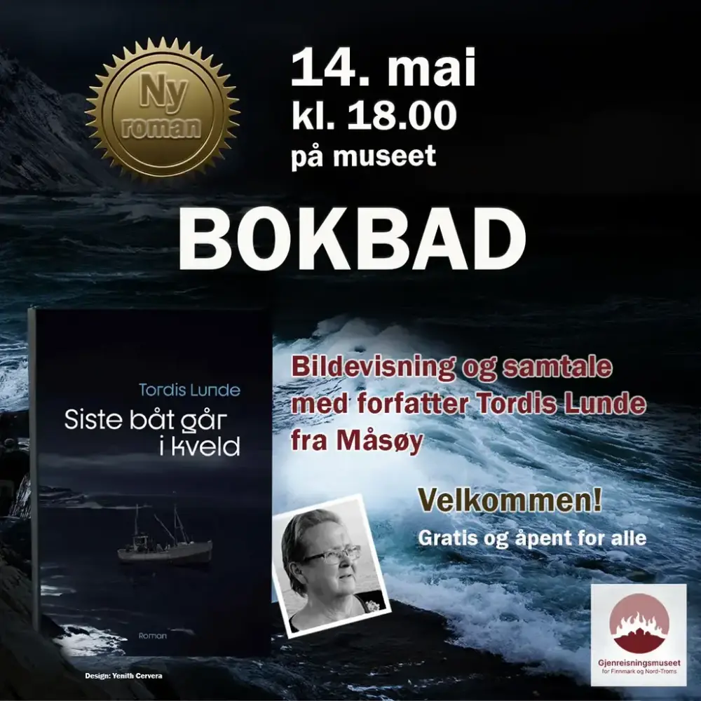 Plakat som viser bilde av forfatteren og innhold om bokbad og foredrag
