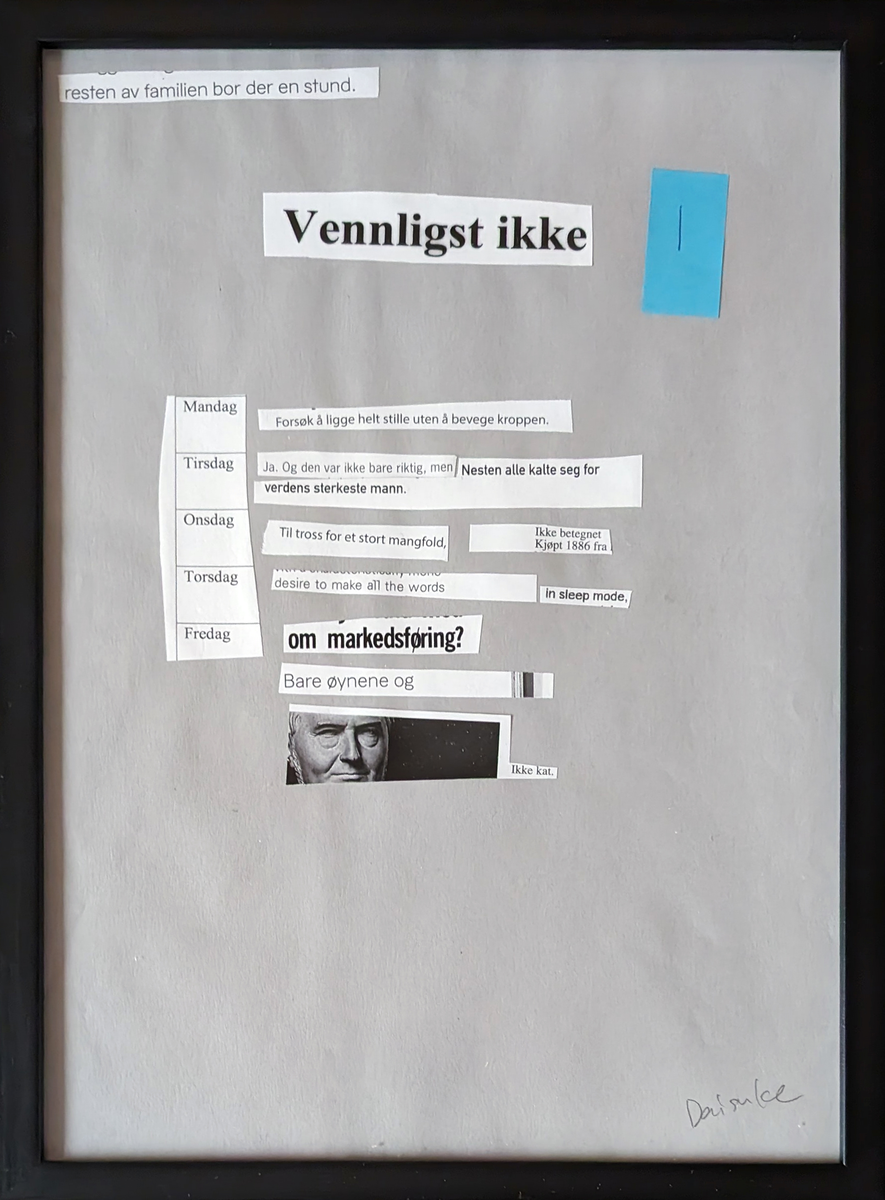 Dette er individuelle, originale sider til en bok, resultatene av en kollektiv workshop ledet av Daisuke. Ved å arbeide med funnet tekst var intensjonen med verkstedet å tilby en tilgjengelig inngang til skriving og poesi.