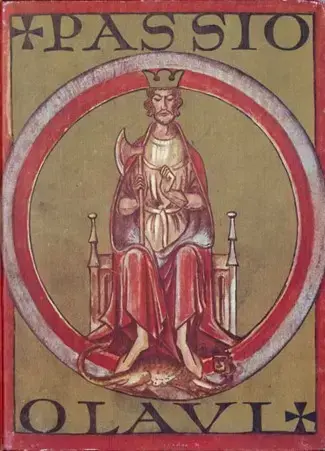 Viser en tegning av Olav den hellige, sittende på en trone med lang rød kape, krone, en øks i høyre hånd og bare føtter.