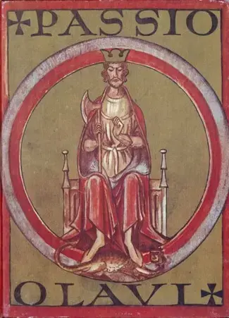 Viser en tegning av Olav den hellige, sittende på en trone med lang rød kape, krone, en øks i høyre hånd og bare føtter.