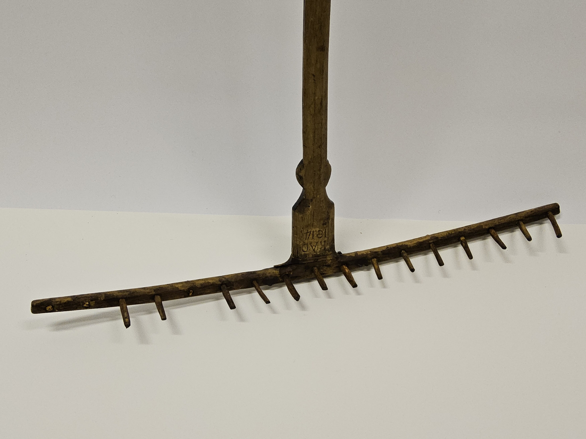 Räfsa med helt skaft. Rika sniderier, bl.a. rosett i karvsnitt samt stiliserade bladornament. På undersidan järnvägslatpp "Skultorp". Inköpt på auktion.