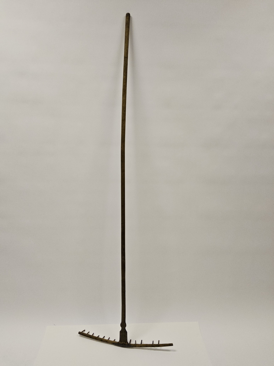 Räfsa med helt skaft. Rika sniderier, bl.a. rosett i karvsnitt samt stiliserade bladornament. På undersidan järnvägslatpp "Skultorp". Inköpt på auktion.