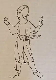 Strektegning av en person fra middelalderen med en slire festet horisontalt i beltet.