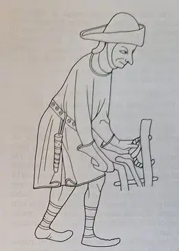 Strektegning av en mann fra middelalderen med slire hengende loddrett i beltet mens han arbeider.