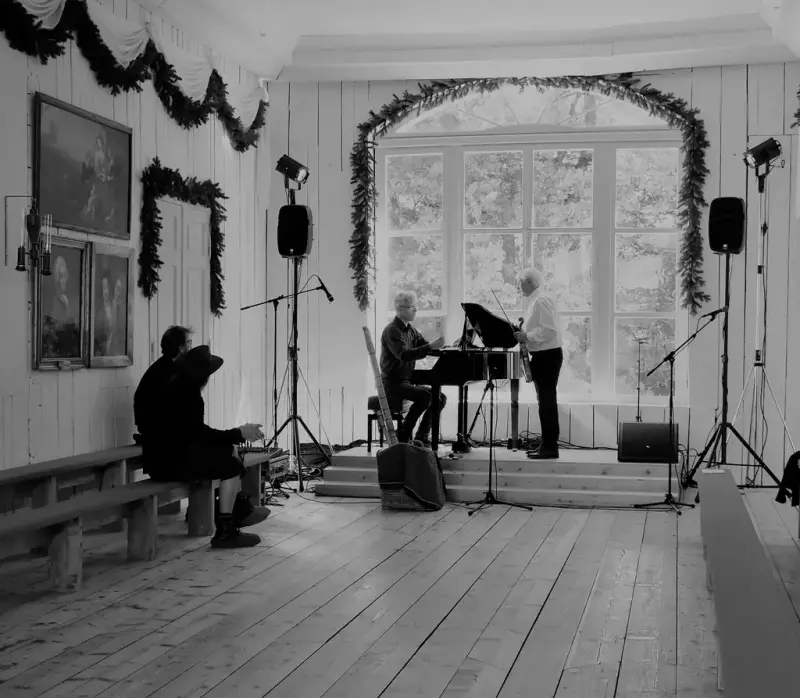 To musikere opptrer foran et publikum i den lyse og pyntede Rikssalen i Eidsvollsbygningen.