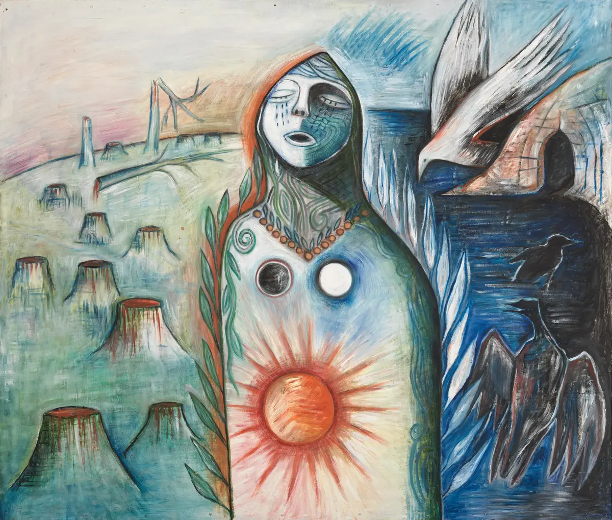 Målning av abstrakt kvinnofigur, med solsymbol, slutna ögon och tårar.