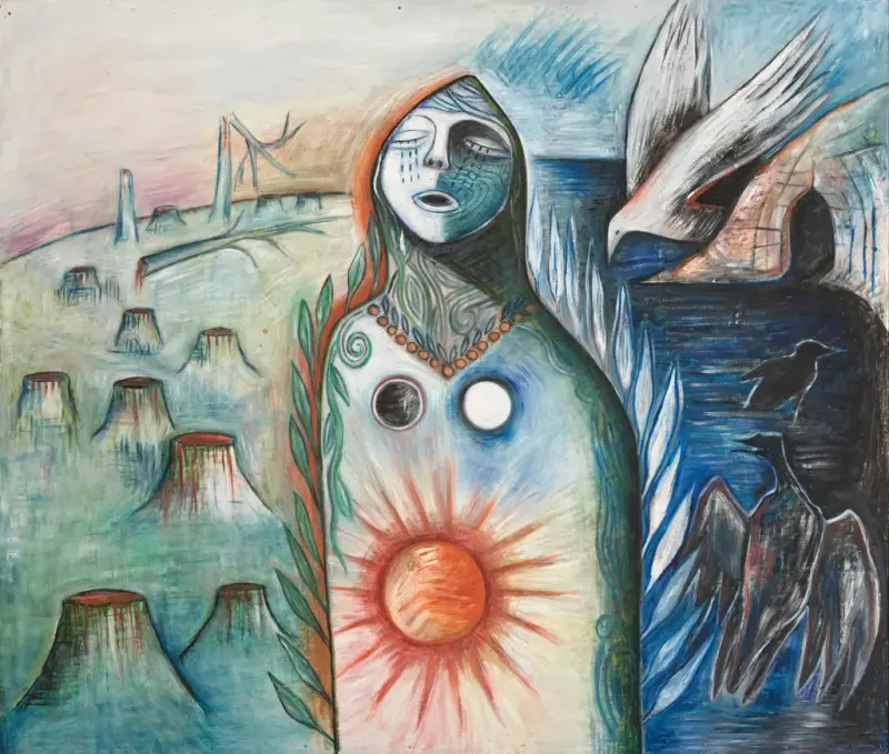 Målning av abstrakt kvinnofigur, med solsymbol, slutna ögon och tårar.