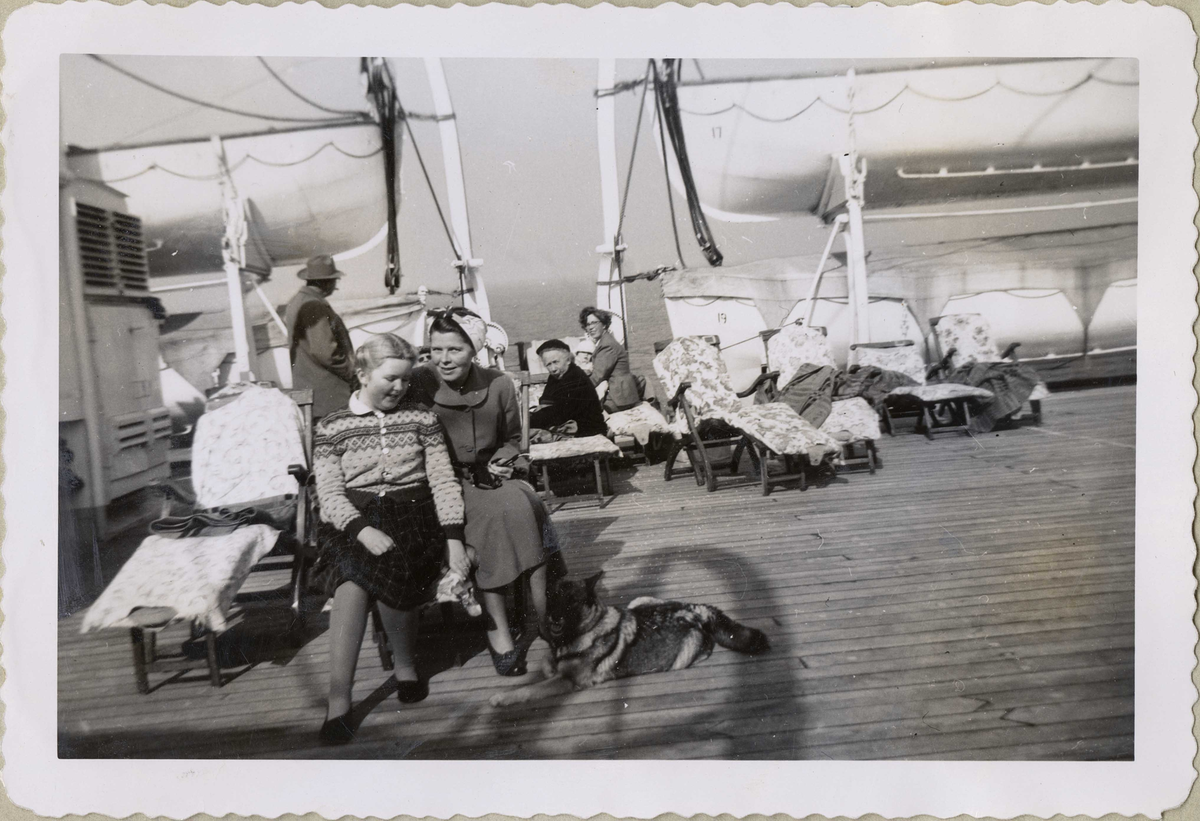En kvinne og en jente sammen med en hund på dekk om bord på STAVANGERFJORD. Andre passasjerer i bakgrunnen.