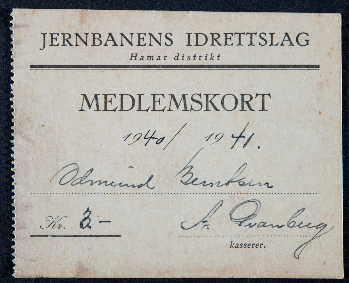 Hamar, Jernbanens Idrettslag, medlemskort for Odmund Berntsen i 1940-1941, avgift kr 3,00