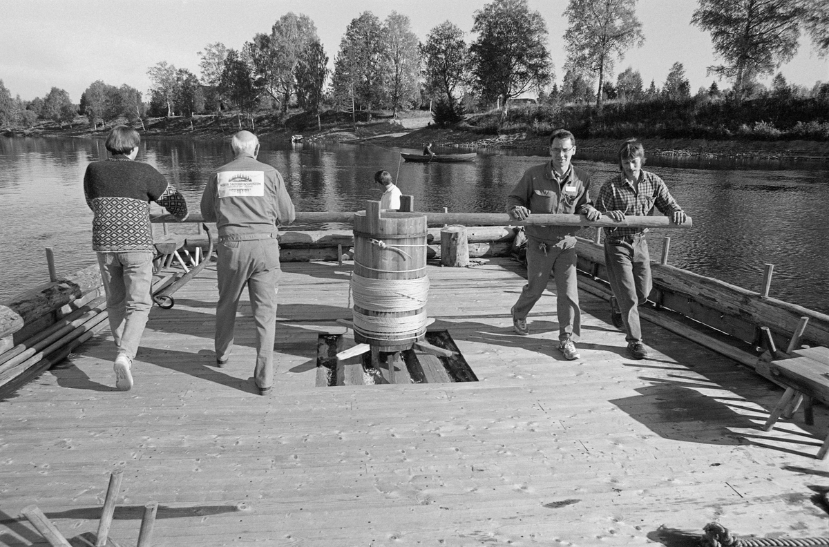 Norsk Skogbruksmuseums rekonstruerte spillflåte, som fra sommeren 1993 og flere år framover lå forankret i lensesteinen i Glåma, like ovenfor Prestfossen og Klokkerfossen, «spilles» i land for vinterlagring. Dette arbeidet ble gjort av museets personale. Karene som skjøv armene på gangspillet var Bjarte Wigdel og Håkon Sæle (til venstre, med ryggen mot fotografen) og Kjell Arne Grøtbekklien og Kjell Magne Kaveldiget fra driftsavdelingen (til høyre, med ansiktene mot fotografen). Fotografiet ble tatt høsten 1994.