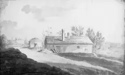 Tavla. Osignerad tuschlavyr på järnbruket Svanå Bruk. Tillhö