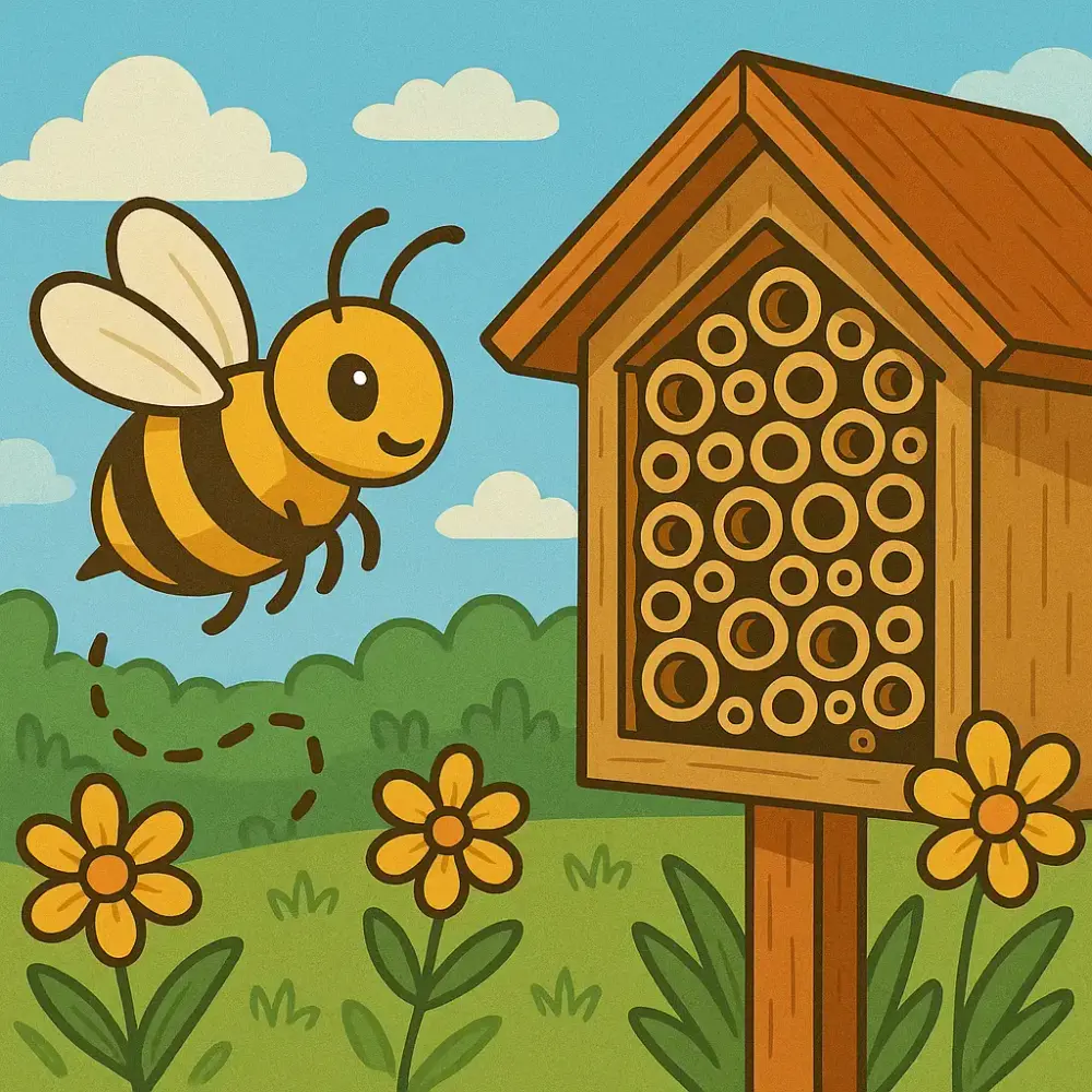 Ett tecknat bi är på väg att flyga in i ett bihotell.