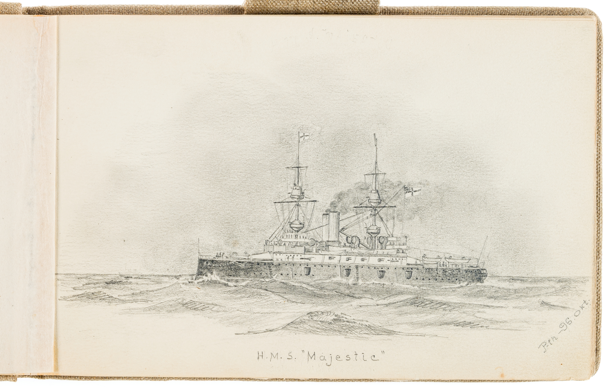 Denna blyertsteckning visar det engelska slagskepp H.M.S. Majestic..