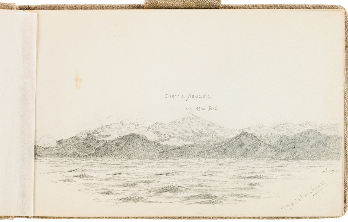 Denna blyertsteckning föreställer en vy på Sierra Nevada sett från havet.