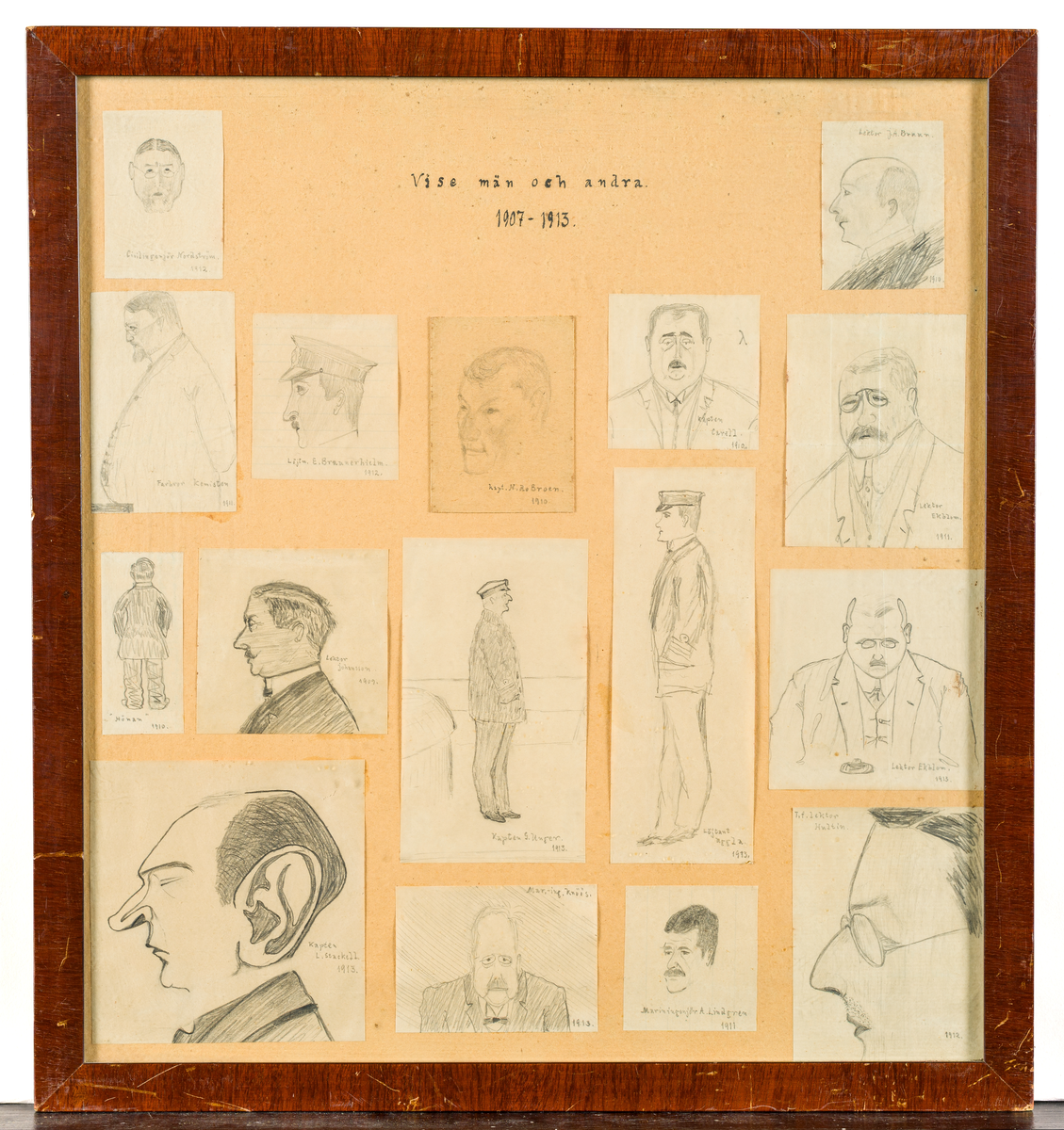 Karikatyrer, lärare vid Kungl Sjökrigsskolan. Innehållande 16 karikatyrer av lärare vid Kungl Sjökrigs skolan 1907 - 1915 utförda av sedermera kommendörkaptenen T.M. Simonsson.