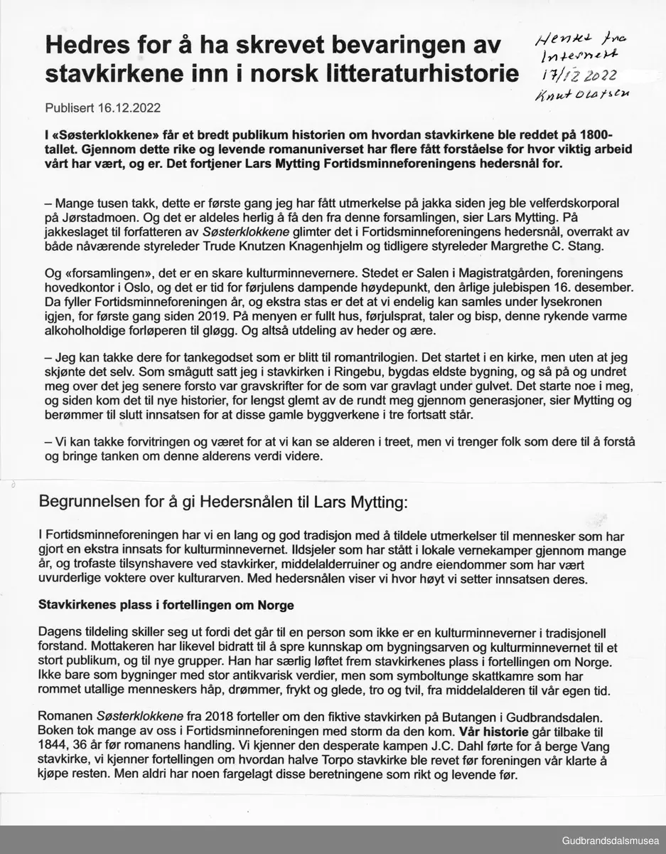 Hedersvbevisning  til Lars Mytting
