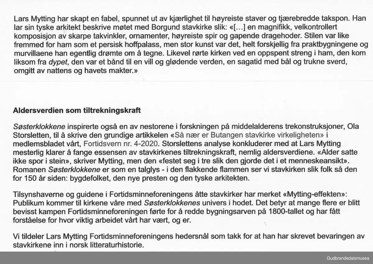 Hedersvbevisning  til Lars Mytting