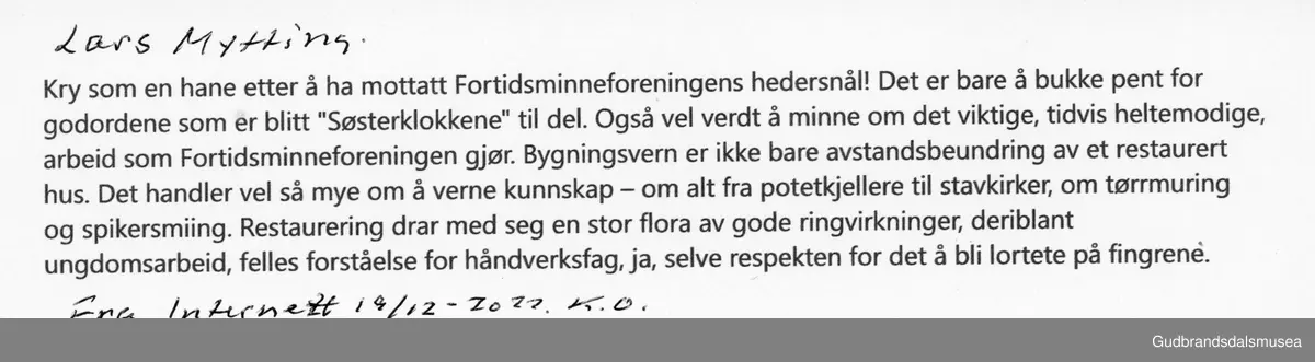 Hedersvbevisning  til Lars Mytting