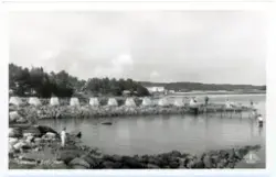 Vykort som avbildar landskap vid havet. Människor badar till