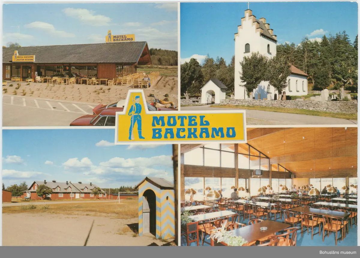 Vykort med fyra separata bilder. I mitten text "Motel Backamo".