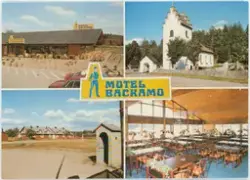 Vykort med fyra separata bilder. I mitten text "Motel Backam