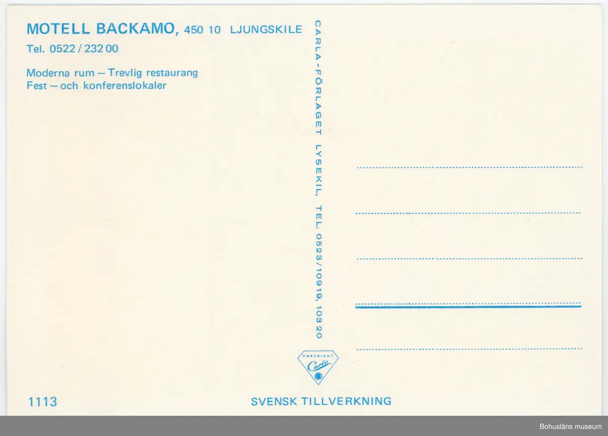 Vykort med fyra separata bilder. I mitten text "Motel Backamo".