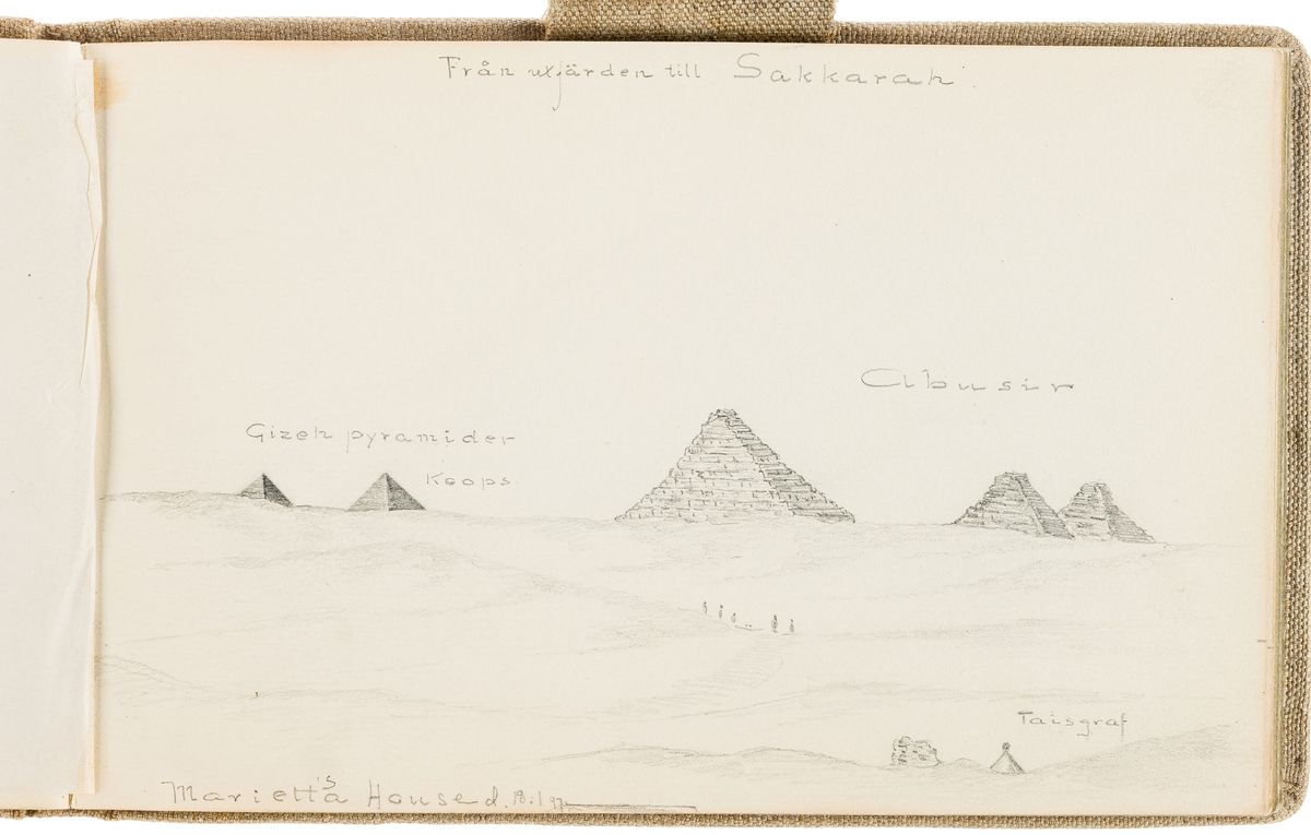 Denna blyertsteckning föreställer en vy över pyramiderna i Sakkara och Giza.