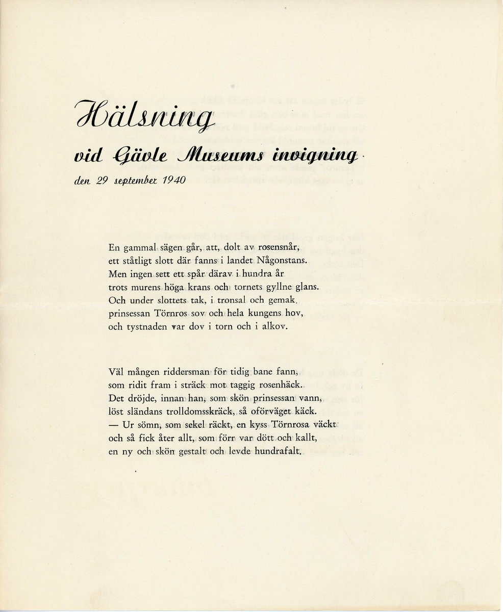 Tryckt skrift med orden "Hälsning" inför invigningen av Gävle Museum den 29 september 1940.